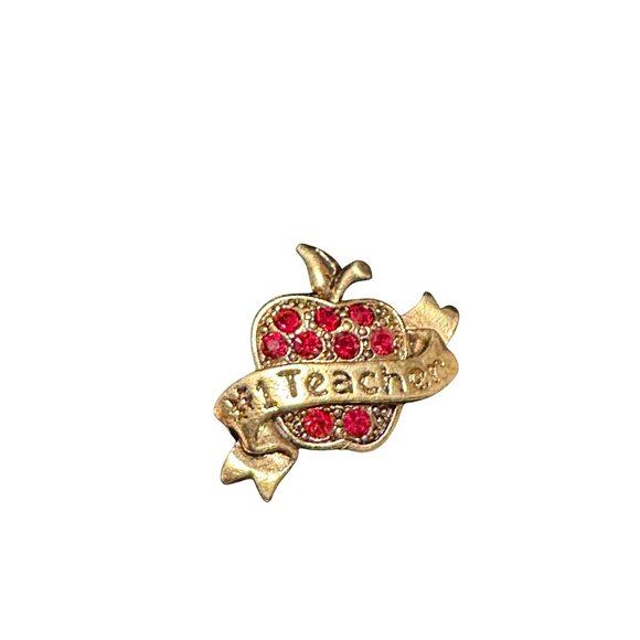 Avon Apple Brooch Gold Tone With Red Rhinestones Gift For Educators #1 Teacher - Picture 3 of 8